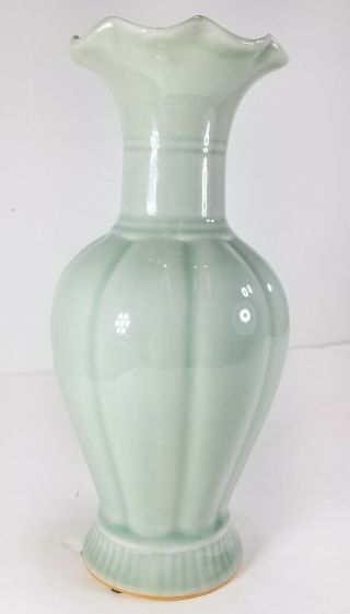 Antique Style Chinese Vintage Celadon Glazed Foliate Ribbed Vase Sung Style