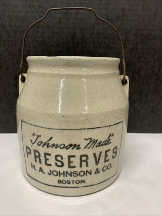 Vtg Cream White Stoneware Jar With Lid Handle H.  A.  Johnson Preserves Boston