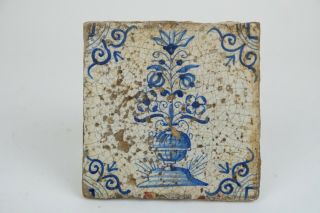 Antique Dutch Delft Tile,  17th Century,  Blue And White Flowervase
