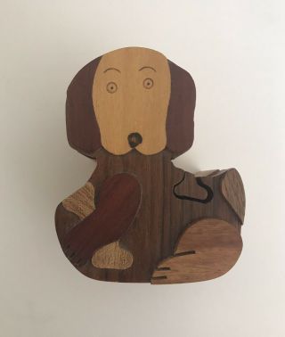 Puppy Dog Wooden Puzzle Box Hand Crafted Wood Decorative Jewelry Trinket Box
