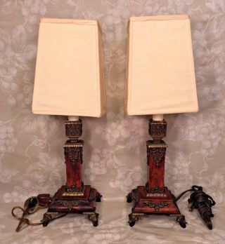 Antique Wood Boudoir Lamps With Brass Legs And Trim & Fabric Shades
