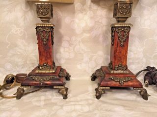 Antique Wood Boudoir Lamps with Brass Legs and Trim & Fabric Shades 2