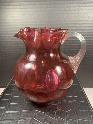 Early Antique Cranberry Glass Coin Spot Pitcher Clear Glass Applied Handle