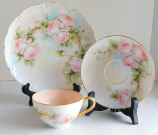 Gorgeous Antique T&v Limoges Pastel Pink Rose Trio Cup Saucer Plate