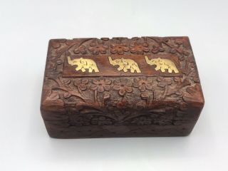 Vtg Hand Carved Wood Trinket Box W/ Floral Pattern & Brass Elephant Inlays India