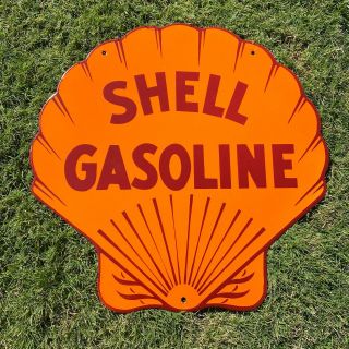 Vintage Shell Gasoline 18” Porcelain Sign Gas Oil Metal Station Pump Plate Clam