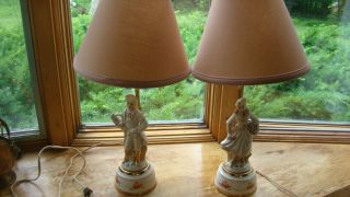 Pair Antique Figure Lamps Of Victorian Man Woman Colonial Boudoir Base Lights