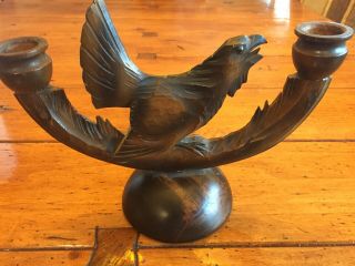 Antique Hand Carved Black Forest Bird Candelabra With Glass Eyes.  Candle Holder