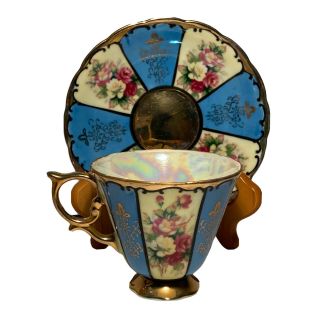 Royal Sealy Pedestal Tea Cup And Saucer Iridescent Roses Blue Gold - Japan