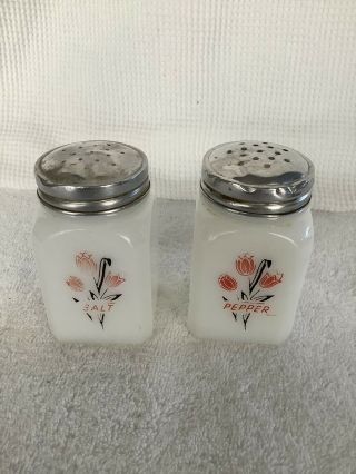 Vintage White Milk Glass Salt & Pepper Shakers With Pink & Black Tulips