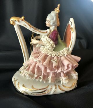 Dresden Lace Figurine Lady Seated Playing Harp - Pink,  White & Blue