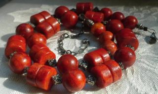 Vintag Hand Crafted Artisan Red Natural Coral Bead 925 Sterling Silver Necklace