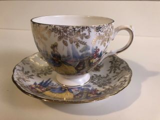 Vtg Queen Anne Tea Cup And Saucer 8158 Bone China England Gold Lady In Garden