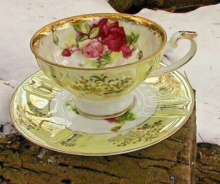 Vintage Royal Halsey Yellow W/pink Roses Lusterware Tea Cup & Saucer Set Japan