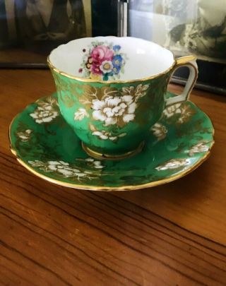 Crown Staffordshire Fine Bone China England Green Flowers - Tea Cup And Saucer