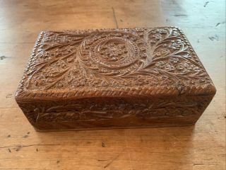 Vintage Hand Carved Wood Wooden Box With Green Velvet Mirror Interior Gift