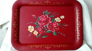 Vtg Hand Painted Flowers Toleware Red Floral Metal Serving Tray Country 18 " X13 "
