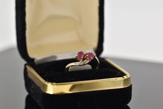 Vintage 14k Yellow Gold Two Stone Ruby And Diamond Ring Double Dainty Twist