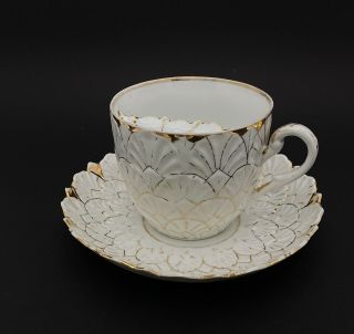 Gorgeous Antique Mustache Tea Cup And Saucer White W/gold Trim Made In Germany