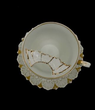 Gorgeous Antique Mustache Tea Cup and Saucer White w/Gold Trim Made in Germany 2