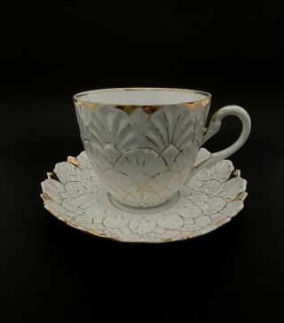 Gorgeous Antique Mustache Tea Cup and Saucer White w/Gold Trim Made in Germany 3