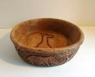 Vintage Hand Carved Wooden Safari Animals Design Primitive Bowl