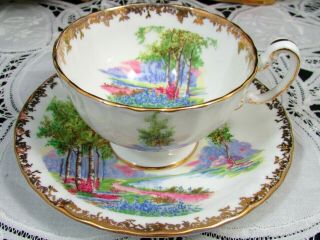 Aynsley Meadow Scene Trees Gold Leaf Oban Tea Cup And Saucer