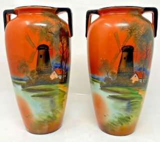 Vintage Rare Large Double Handle Hand Painted Noritake Porcelain Vases