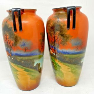 Vintage Rare Large Double Handle Hand Painted Noritake Porcelain Vases 3