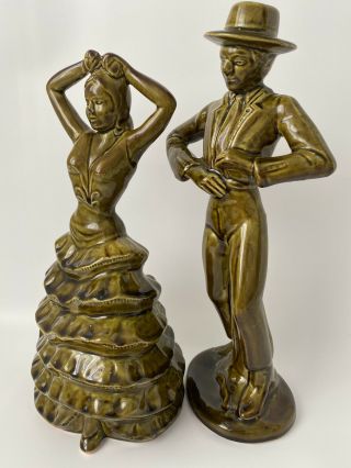 Vintage Spanish Flamenco Dancers Art Deco Ceramic Figurines Olive Green Color