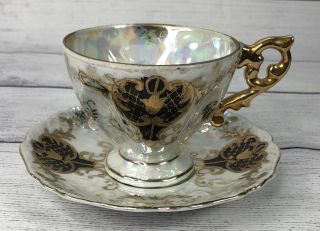 Vintage Royal Sealy China Teacup & Saucer Black Gold Iridescent Pedestal Japan 2