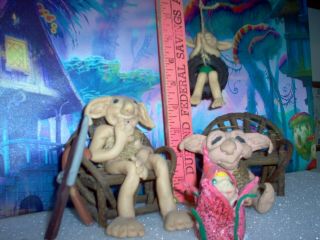 Hand Made Set Of Trolls,  Old Man In Chair,  Boy On Tire Swing,  Baby,  Woman