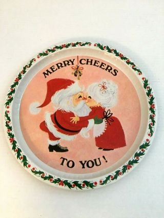 Vintage Merry Cheers Metal Tray Santa Claus & Mrs Claus Christmas 13 " Across