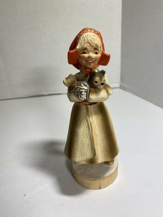 Vintage Henning Handcarved Wood Girl With Dog Figurine 6 Inches Tall