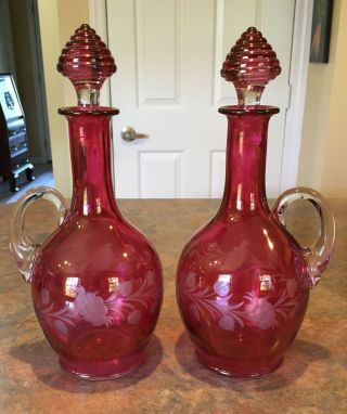 Vintage Pair Ruby Red Flash Decanters Hand Blown Etched Flowers - 12 " -