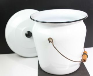 Vintage 12 " Large White Enamel Chamber Pot With Lid And Wood Handle