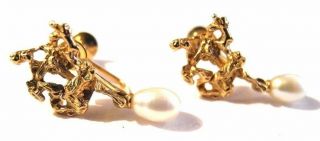 Tasaki 14k Gold Elegant Teardrop Akoya Pearl Dangle Earrings Vtg Japan Brutalist