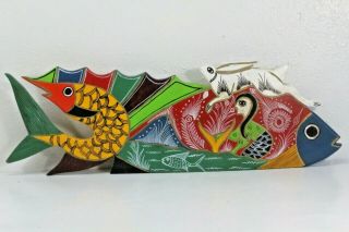Vintage Colorful Wooden Fish Folk Art Display Plaque/sign.  Hand Carved/painted.