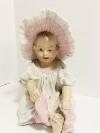 Antique German Bisque Piano Baby (6” Tall) Girl Playing With Socks Read