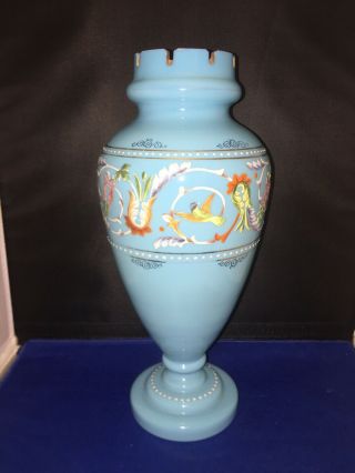 Antique Victorian Blue Bristol Glass Vase Hand Painted Enamel Birds 12 3/4”t1880