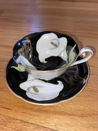 Wako Occupied Japan Teacup & Saucer Cala Lily Black And White With Gold Trim