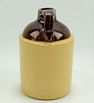 Vintage Miniature Brown Top Pottery Crock Whiskey Jug Handle Vintage Two Toned 3