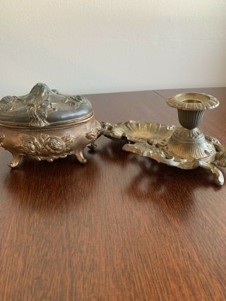 Antique Cast Bronze/ Brass Candle Holder,  Antique Bronze Rogers Jewelry Box
