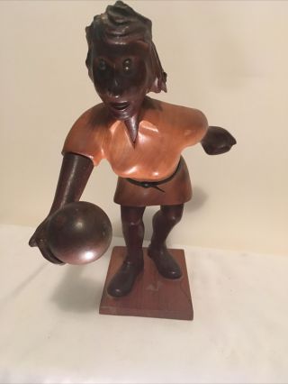 Vintage Italian Hand Carved Wooden Figurine Woman Bowling 10” Tall
