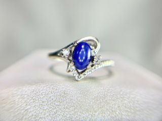 Vintage 14k White Gold Oval Blue Star Sapphire Round Single Cut Diamond Ring