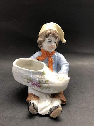 Antique German Porcelain Figurine Boy Sitting With Large Shoe And Night Cap
