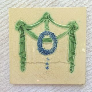 Antique Victorian Mourning Majolica Tile - T & R Boote - Ribbon Wreath