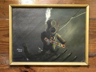 Painting Deep Sea Diver Cross Artist Signed Vintage 1990