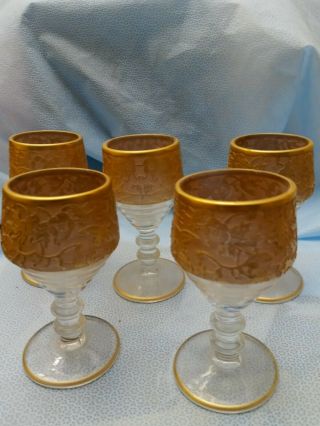 Set Of 5 Antique Italian Crystal Wine Glasses 24 - K Gold - Plated