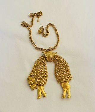 Vintage Signed Kenneth Lane Kjl Large Golden Fleece Ram Pendant Necklace Rare